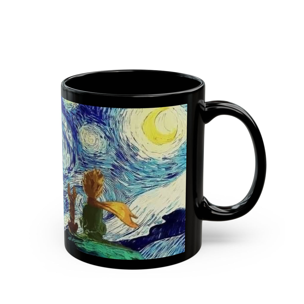 Starry Night Little Prince Black Mug – Van Gogh Style Illustration (11oz & 15oz)