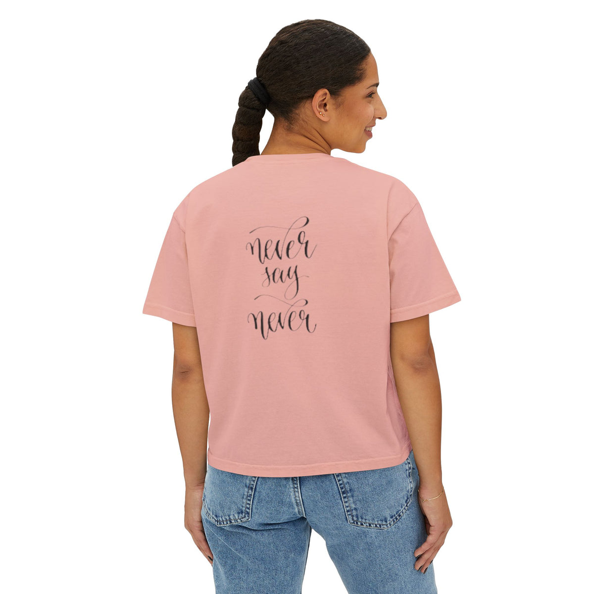 Boxy Tee — 'Never Say Never' Graphic Tee with Dual Character Illustration