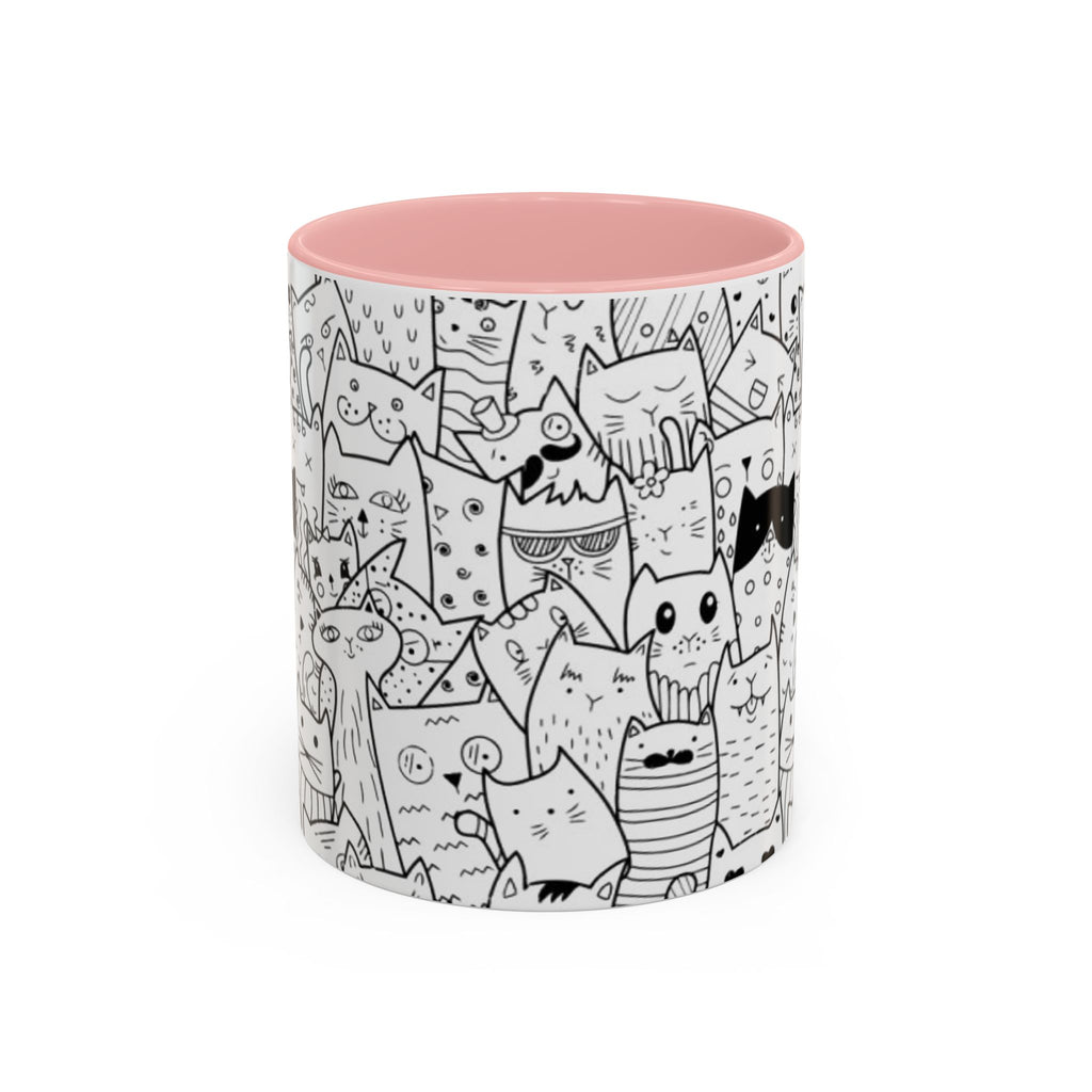 Cute Doodle Cats Accent Coffee Mug (11/15 oz) — Black & White Cat Pattern