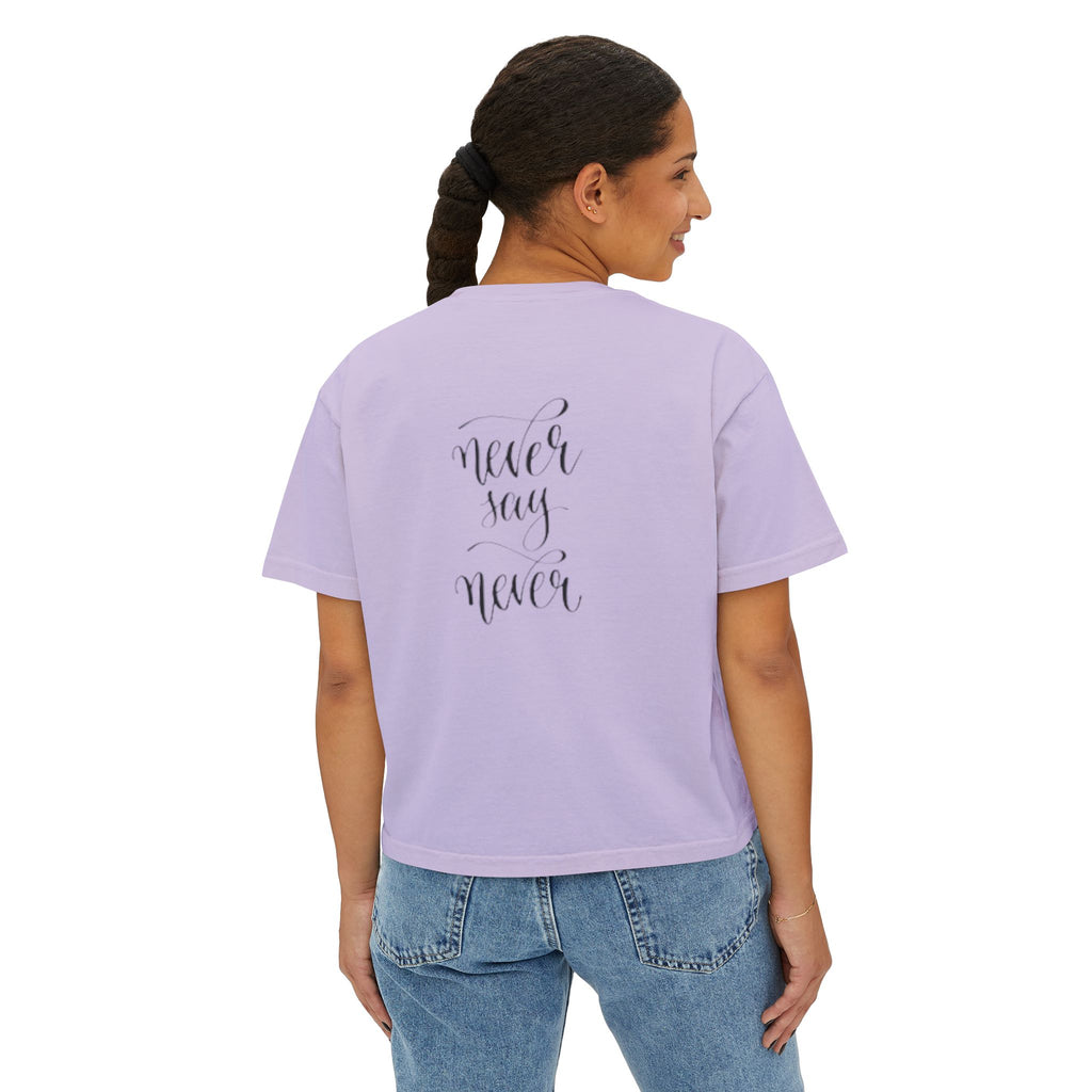 Boxy Tee — 'Never Say Never' Graphic Tee with Dual Character Illustration