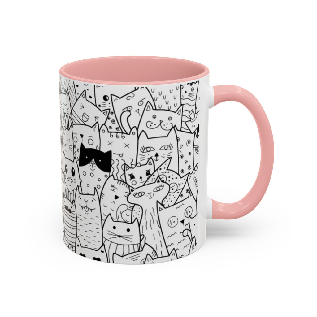 Cute Doodle Cats Accent Coffee Mug (11/15 oz) — Black & White Cat Pattern