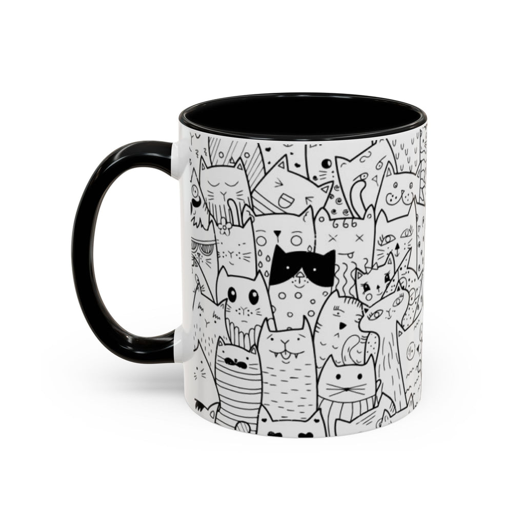 Cute Doodle Cats Accent Coffee Mug (11/15 oz) — Black & White Cat Pattern