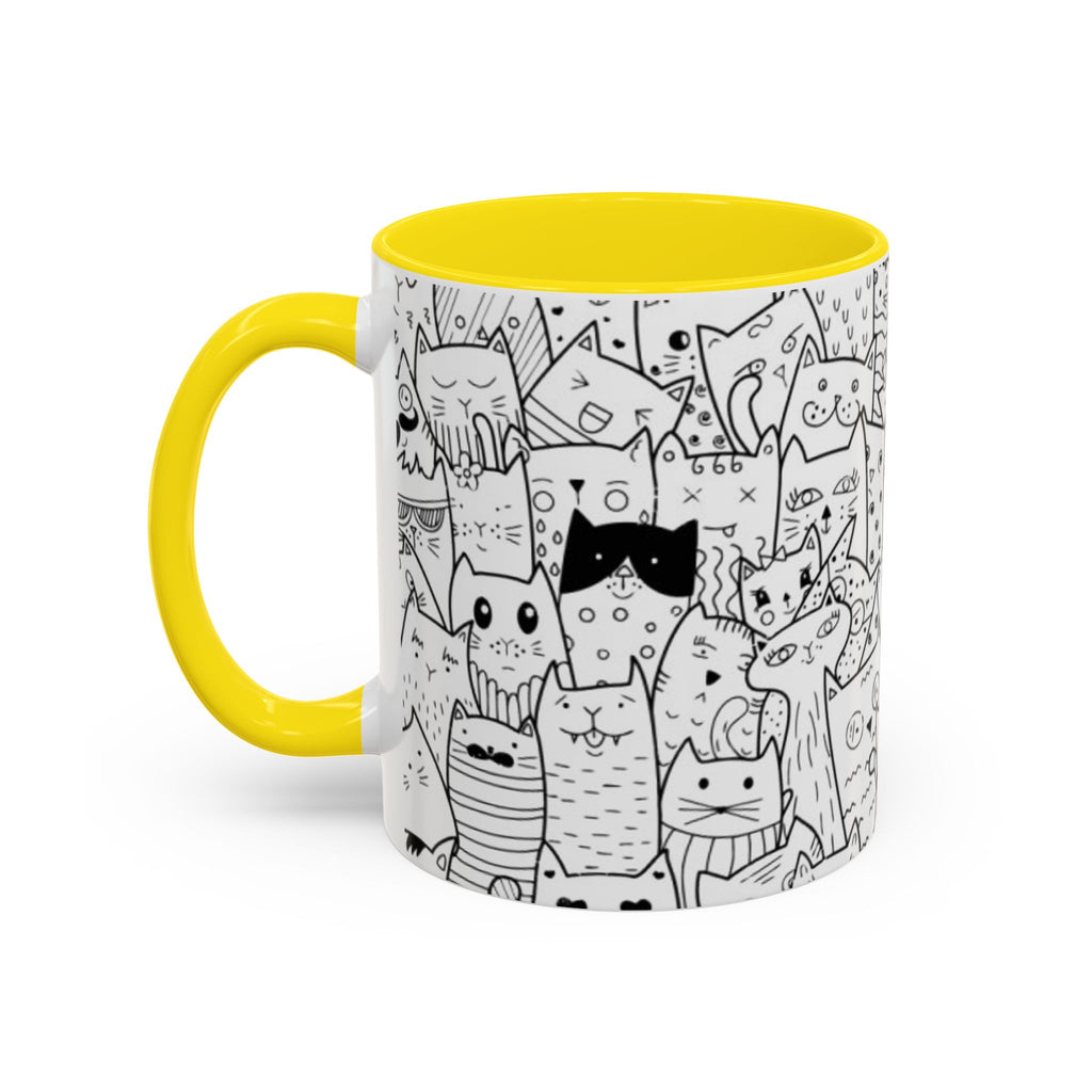 Cute Doodle Cats Accent Coffee Mug (11/15 oz) — Black & White Cat Pattern