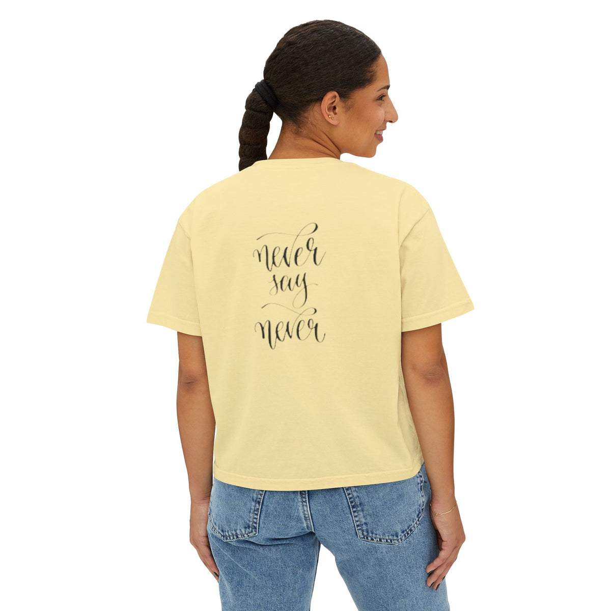 Boxy Tee — 'Never Say Never' Graphic Tee with Dual Character Illustration