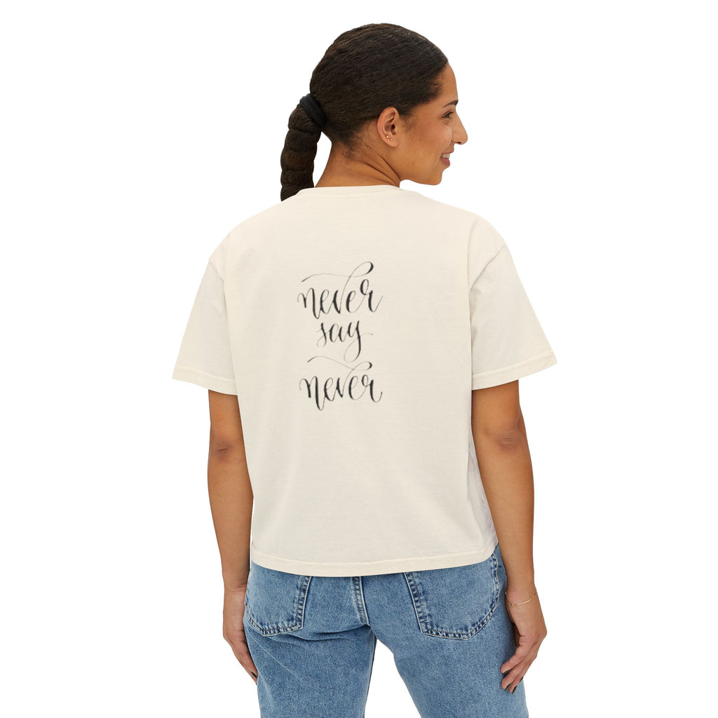 Boxy Tee — 'Never Say Never' Graphic Tee with Dual Character Illustration