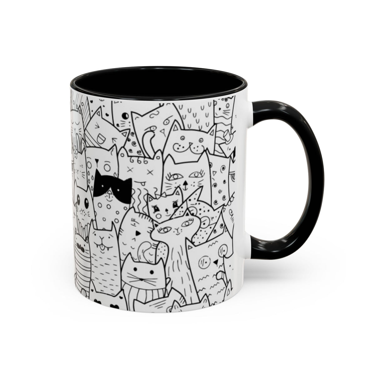 Cute Doodle Cats Accent Coffee Mug (11/15 oz) — Black & White Cat Pattern