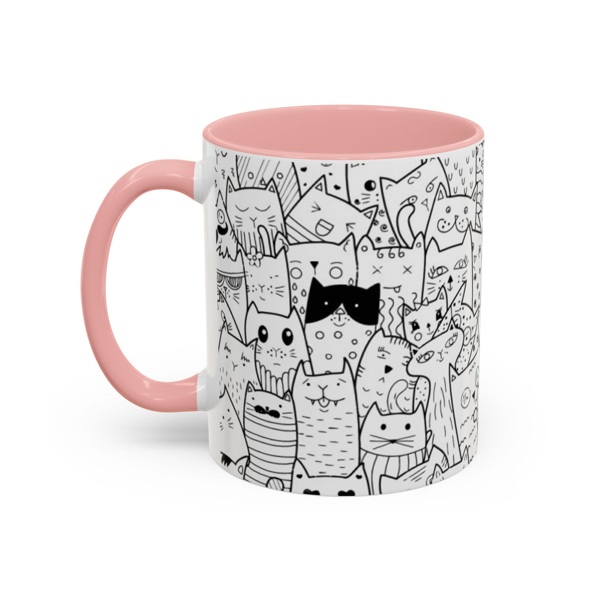 Cute Doodle Cats Accent Coffee Mug (11/15 oz) — Black & White Cat Pattern