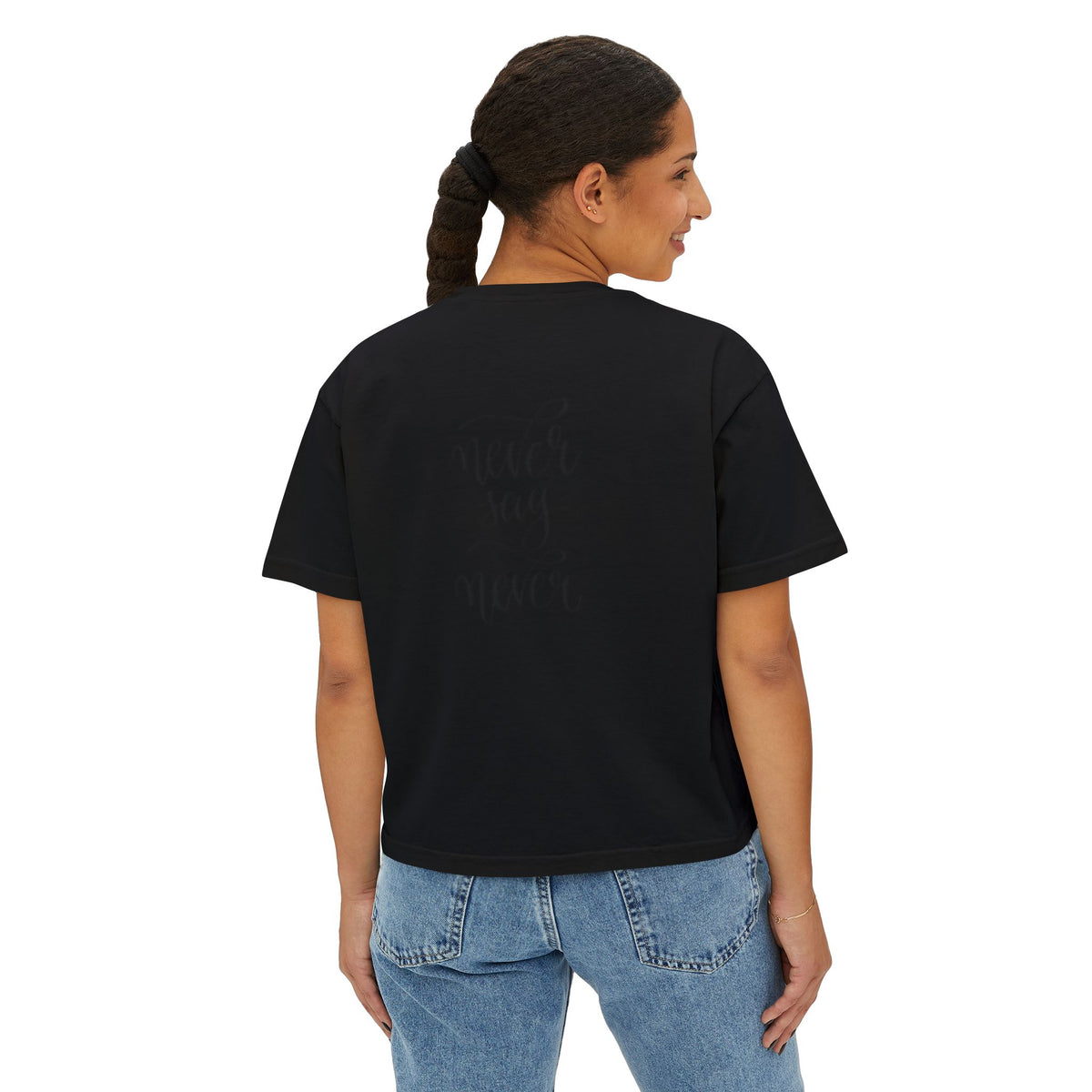 Boxy Tee — 'Never Say Never' Graphic Tee with Dual Character Illustration