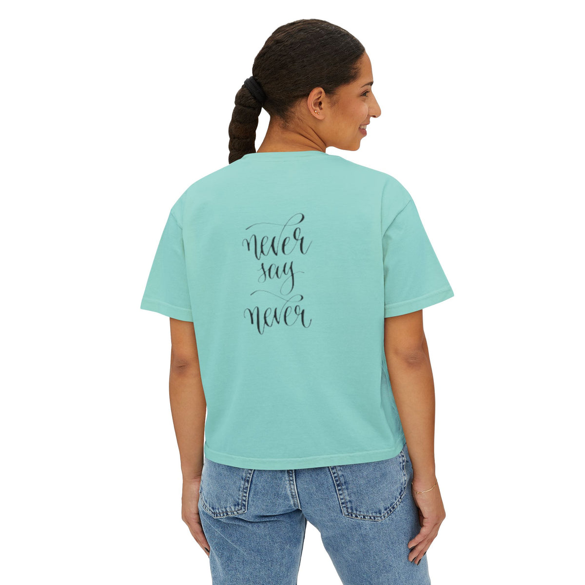 Boxy Tee — 'Never Say Never' Graphic Tee with Dual Character Illustration